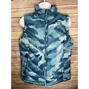 The North Face Women's Puffer Vest Jacket 550 Down Quilted Blue Camouflage Large